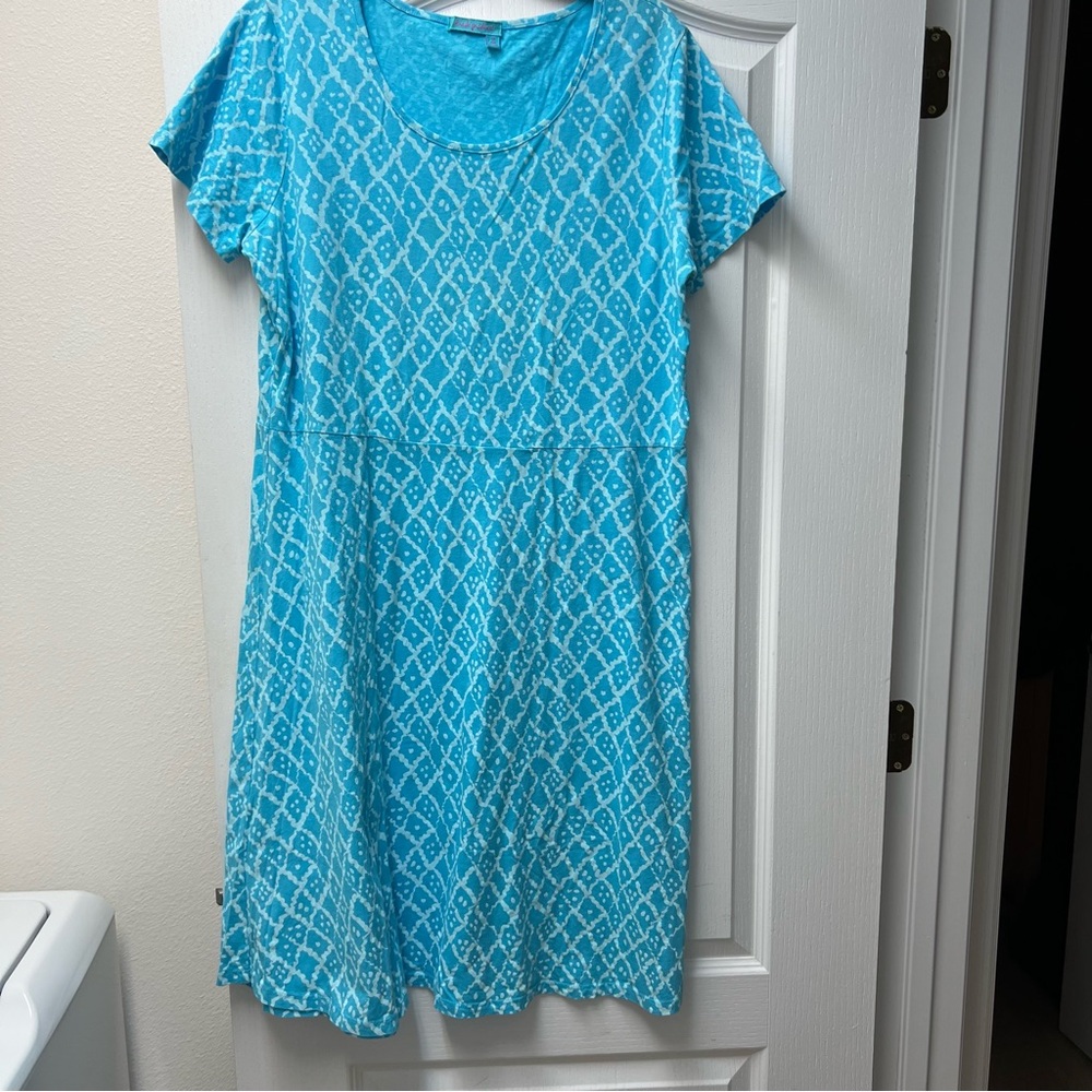 Fresh Produce Womens Knit LG Blue Stretch Short Sleeve Casual Beach Dress